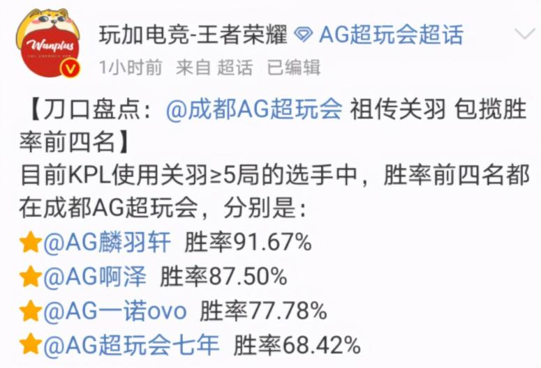 成都AG选手关羽胜率前4名，不愧是祖传英雄