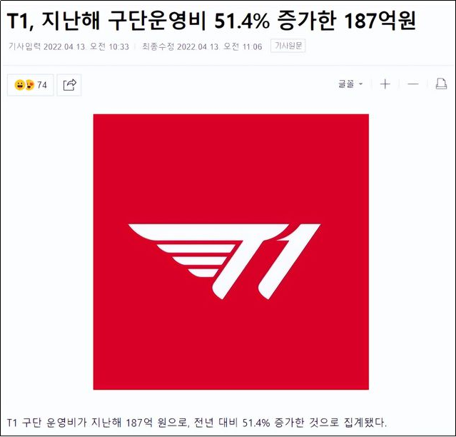 韩媒爆料T1战队2021年巨亏高达166亿韩元